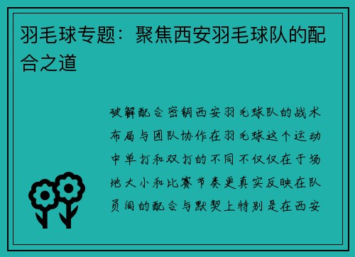 羽毛球专题：聚焦西安羽毛球队的配合之道